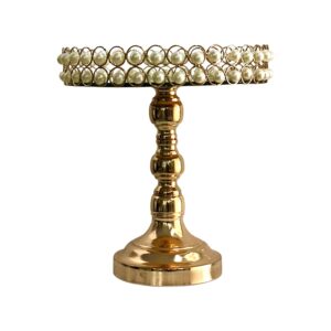 Elevador de Postre Dorado con Cuerpo Dorado y Perlas Decorativas en Base de Cristal