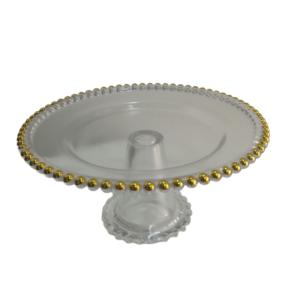 Elevador de Postre de Cristal Clear con Orillas de Bolas Doradas