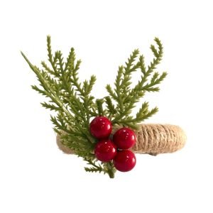 Servilletero Navideño Decorado en Soga con Ramas Verdes y Frutas Rojas