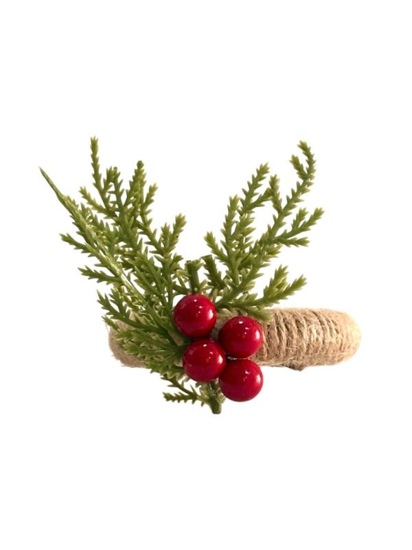 Servilletero Navideño Decorado en Soga con Ramas Verdes y Frutas Rojas