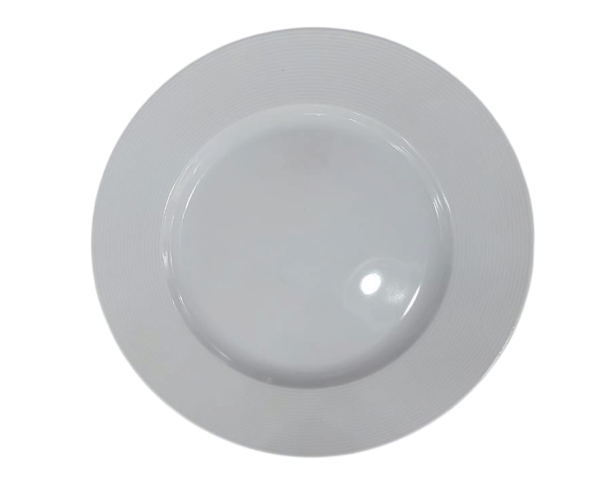 Plato buffet luxury color blanco con rayas en el borde
